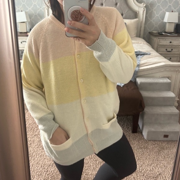 Vintage Colorblock Oversize Cardigan - Pastel a butter yellow powder pink -L - Picture 4 of 8